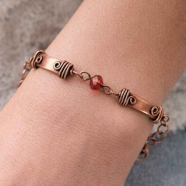 Faceted Red Crystal Copper Bracelet, Patinated Crystal Copper Bracelet, Adjustable