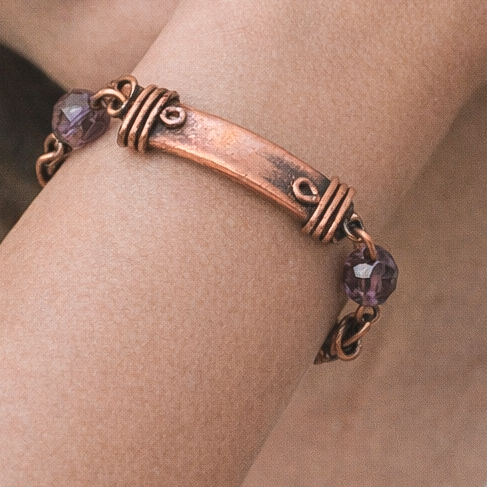 Faceted Purple Crystal Copper Bracelet, Original Handcrafted Copper Bracelet, Adjustable