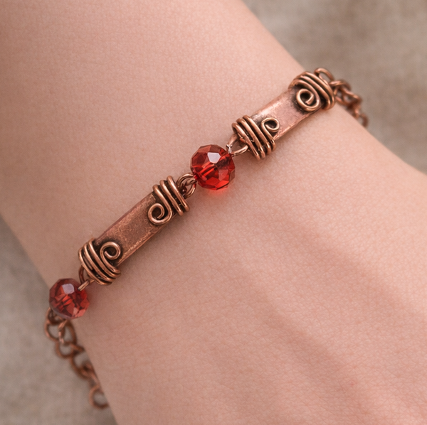 Faceted Red Crystal Copper Bracelet, Patinated Crystal Copper Bracelet, Adjustable