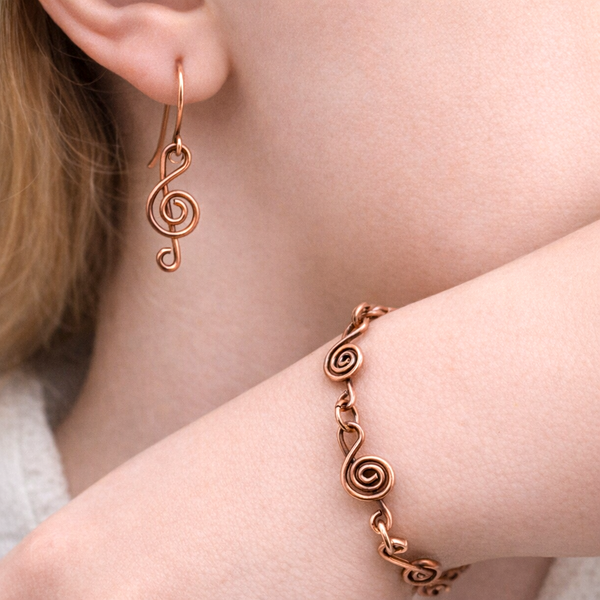 Treble Clef Copper Earrings, Music Symbol, Matching Bracelet