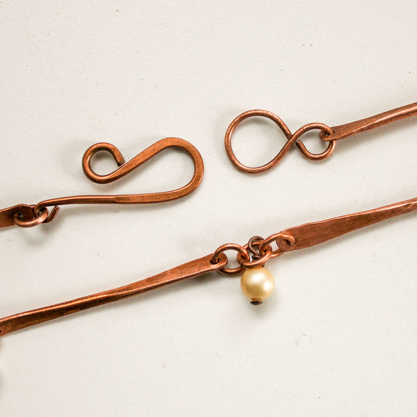 Long Copper Pearl Necklace, Hammered Copper Chain, Gift for Her
