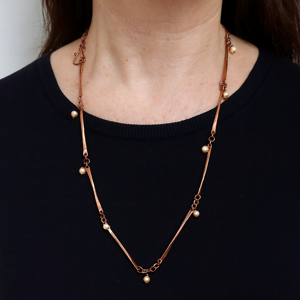 Long Copper Pearl Necklace, Hammered Copper Chain, Gift for Her