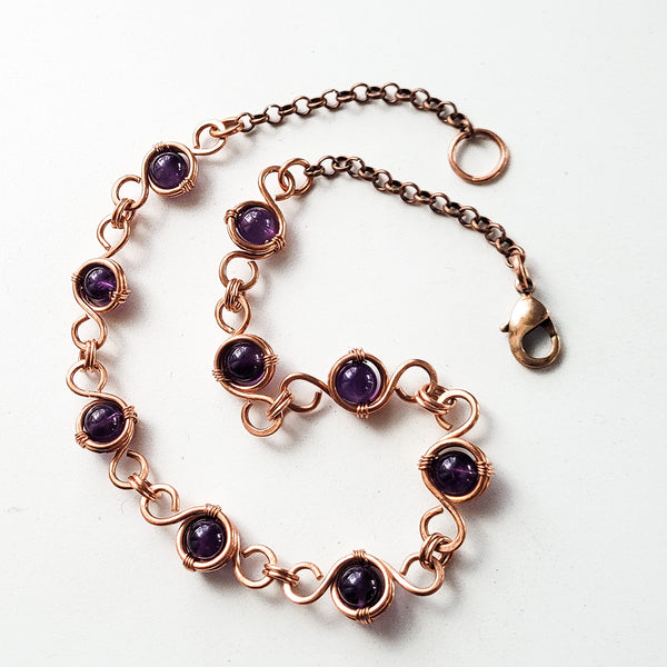 Amethyst Copper Link Chain Necklace, Matching Set – Perfect Gift for Her