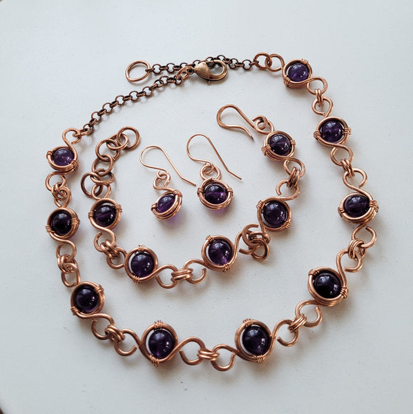 Amethyst Copper Link Chain Necklace, Matching Set – Perfect Gift for Her