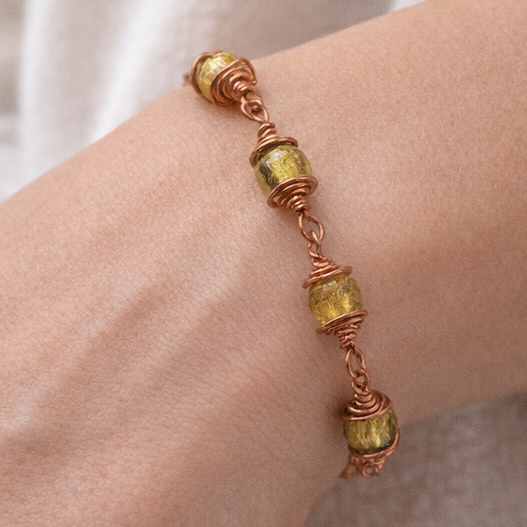 Green Glass Copper  Bracelet, Matching Earrings - Adjustable