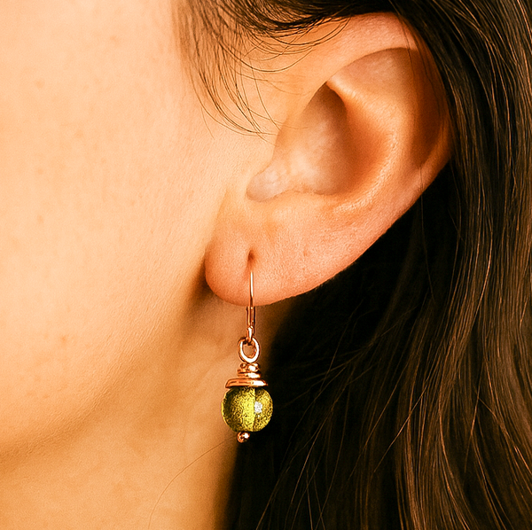 Green Glass Copper Earrings, Matching Bracelet