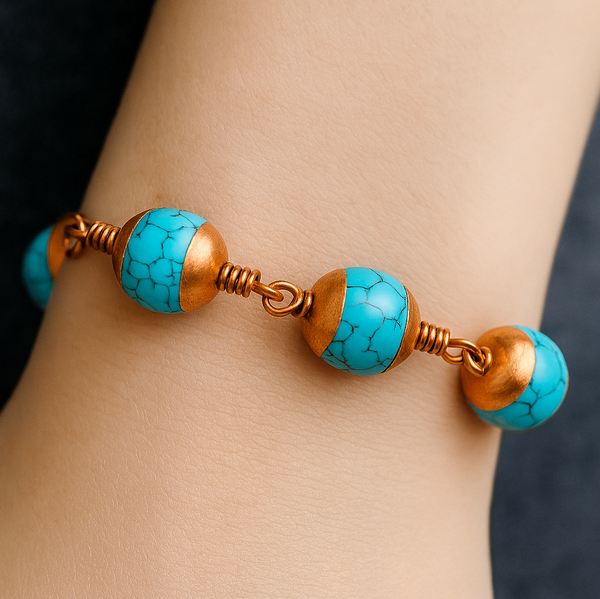 Turquoise Copper Bracelet, Handcrafted Gemstone Jewelry, Adjustable Boho Bracelet