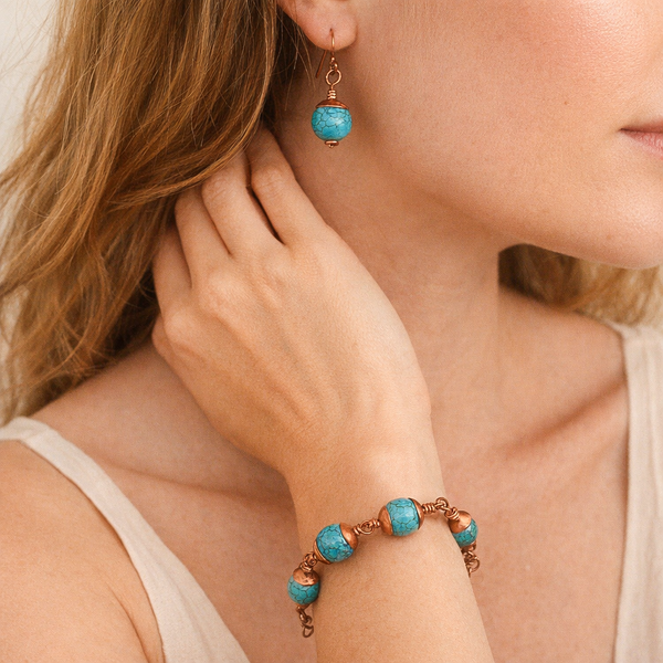 Turquoise Copper Bracelet, Handcrafted Gemstone Jewelry, Adjustable Boho Bracelet