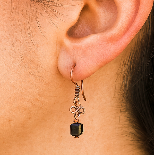 Black Onyx Celtic Copper Earrings, Four-Leaf Clover Earrings Matching Necklace