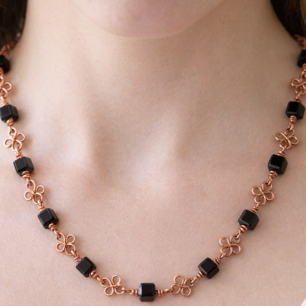 Dainty Copper Necklace with Black Onyx, Handmade Irish Flower Necklace, Short Copper Chain