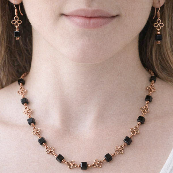 Black Onyx Celtic Copper Earrings, Four-Leaf Clover Earrings Matching Necklace