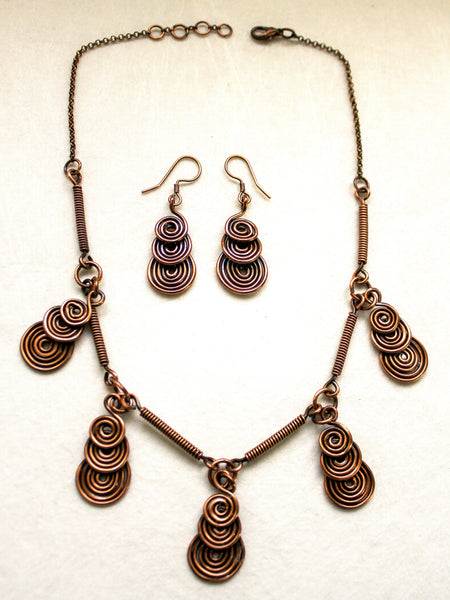 Copper Spiral Necklace, Matching Earrings - Adjustable