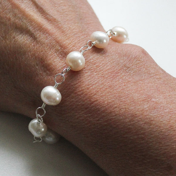 Elegant Sterling Silver Pearl Bracelet, Genuine Freshwater Pearls, Adjustable, Matching Earrings
