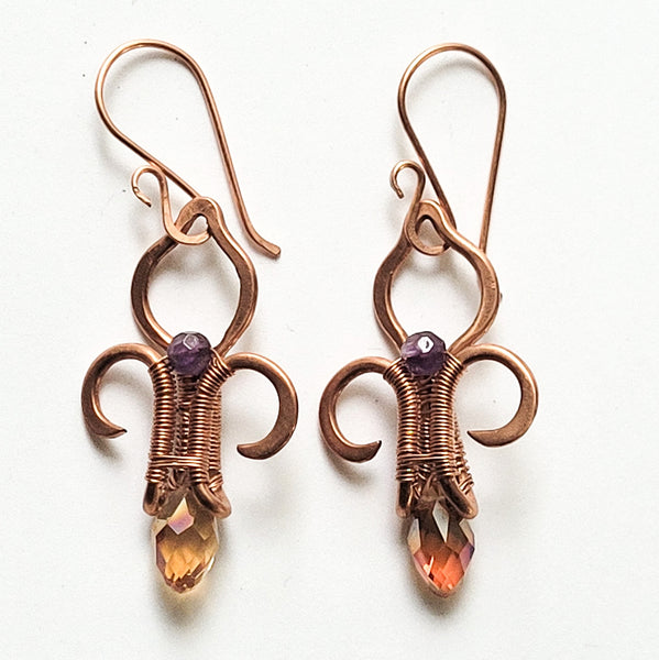 Fleur de Lys Copper Earrings, Wire Wrapped Crystal, French Symbol, Everyday Wear