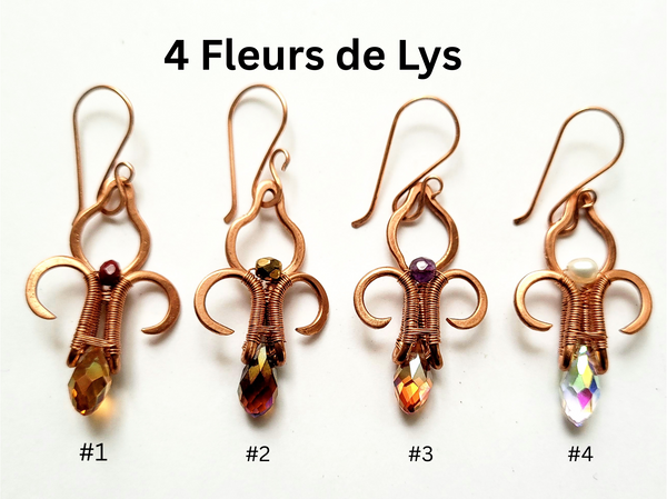 Fleur de Lys Copper Earrings, Wire Wrapped Crystal, French Symbol, Everyday Wear