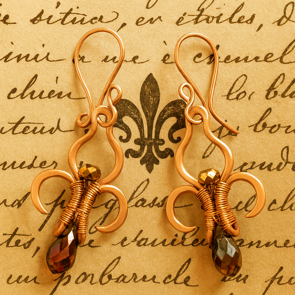 Fleur de Lys Copper Earrings, Wire Wrapped Crystal, French Symbol, Everyday Wear