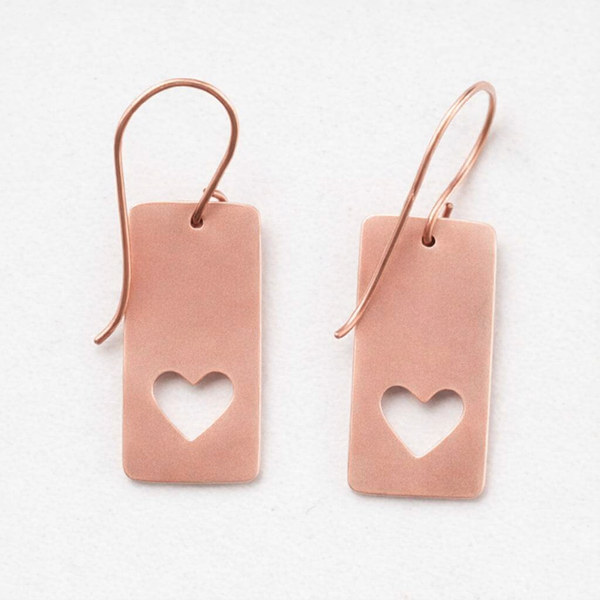 Romantic Copper Heart Earrings, Pierced heart Earrings, Matching Pendant, Gift for Her