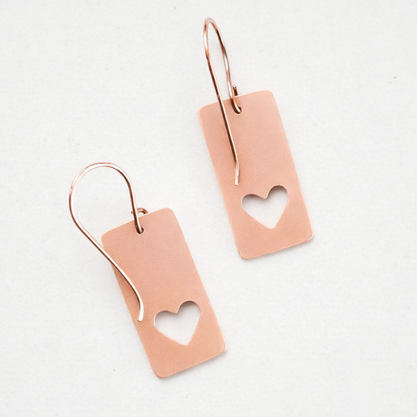Romantic Copper Heart Earrings, Pierced heart Earrings, Matching Pendant, Gift for Her
