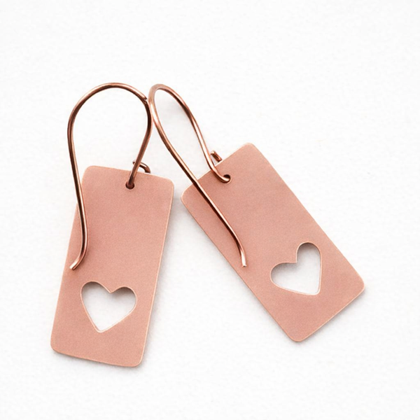 Romantic Copper Heart Earrings, Pierced heart Earrings, Matching Pendant, Gift for Her