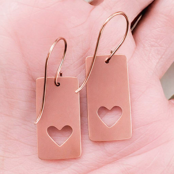 Romantic Copper Heart Earrings, Pierced heart Earrings, Matching Pendant, Gift for Her
