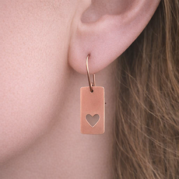 Romantic Copper Heart Earrings, Pierced heart Earrings, Matching Pendant, Gift for Her