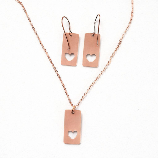 Romantic Copper Heart Pendant, 16” Copper Chain Heart Pendant, Matching Earrings, Gift for Her