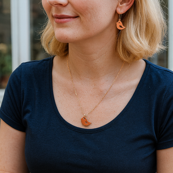 Minimalist Handcrafted Copper Bird Earrings, Matching Pendant Necklace