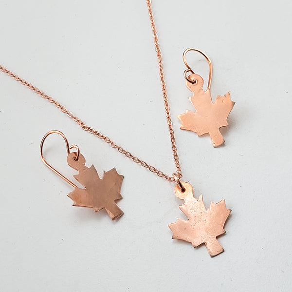 Minimalist Maple Leaf Copper Pendant Necklace, Canadian Symbol, Matching Earrings