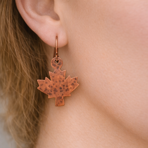 Minimalist Maple Leaf Copper Earrings, Canadian Symbol, Matching Pendant Necklace, Gift for Her