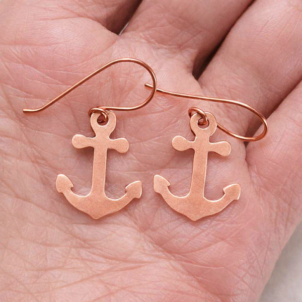 Minimalist Anchor Copper Earrings, Nautical Handmade Jewelry, Patinated, Matching Set