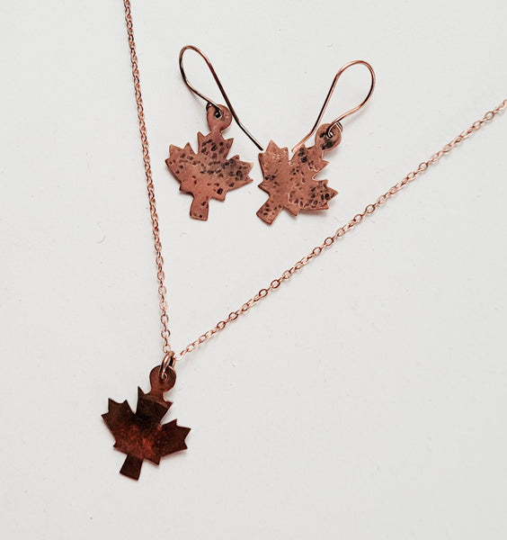 Minimalist Maple Leaf Copper Earrings, Canadian Symbol, Matching Pendant Necklace, Gift for Her
