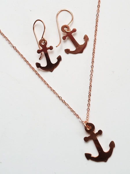 Minimalist Anchor Copper Pendant Necklace, Symbol, Matching Earrings
