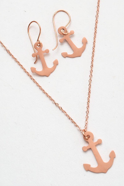Minimalist Anchor Copper Earrings, Nautical Handmade Jewelry, Patinated, Matching Set