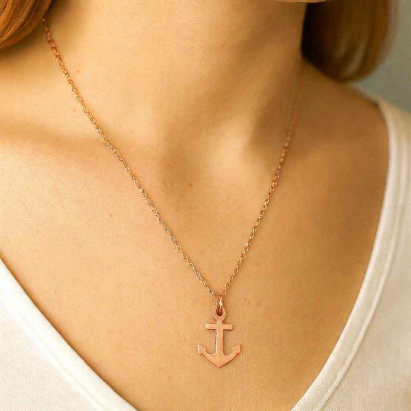 Minimalist Patinated Copper Anchor Necklace – Symbolic Pendant with Matching Earrings