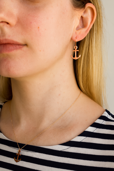 Minimalist Anchor Copper Pendant Necklace, Symbol, Matching Earrings