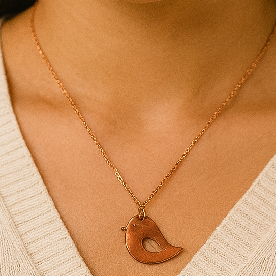 Minimalist Handcrafted Copper Bird Pendant, Symbol, Matching Earrings