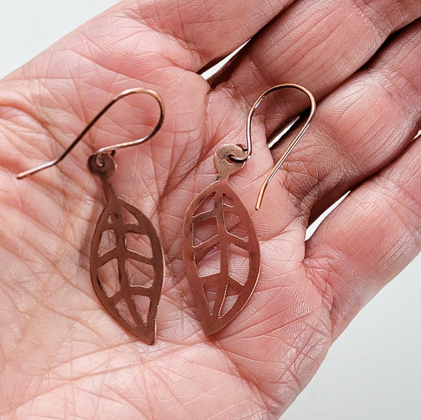 Minimalist Leaf Copper Earrings, Earrings for Nature lovers and gardeners,  Handcrafted,  Patinated, Every Day Wear, Gift for Her