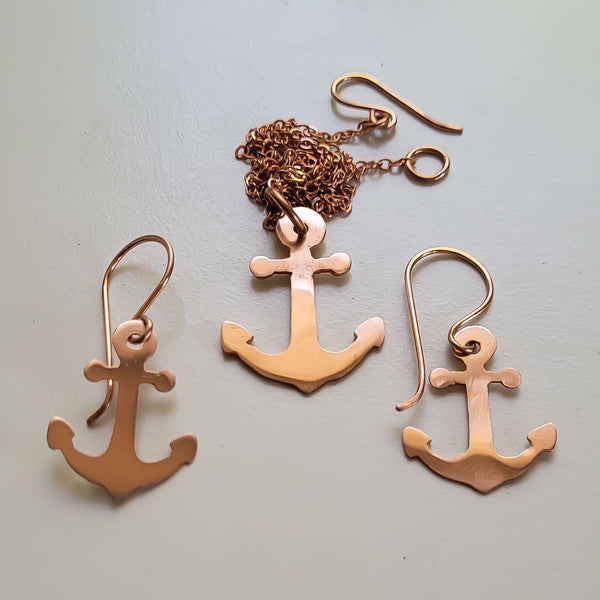 Minimalist Anchor Copper Pendant Necklace, Symbol, Matching Earrings