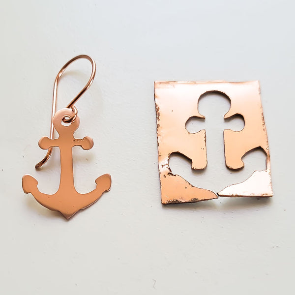 Minimalist Anchor Copper Earrings, Matching Pendant, Gift for Her