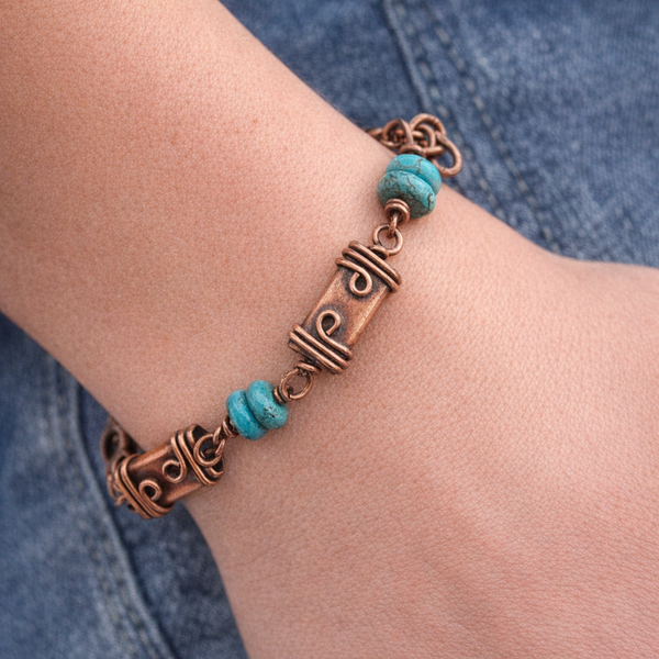 Turquoise Copper Bracelet, Blue Link Adjustable Bracelet