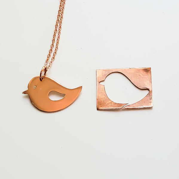 Minimalist Handcrafted Copper Bird Pendant, Matching Earrings