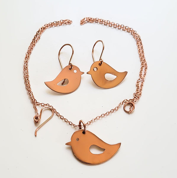 Minimalist Handcrafted Copper Bird Earrings, Matching Pendant Necklace