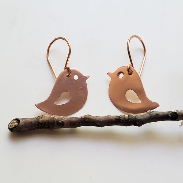 Minimalist Handcrafted Copper Bird Earrings, Matching Pendant Necklace