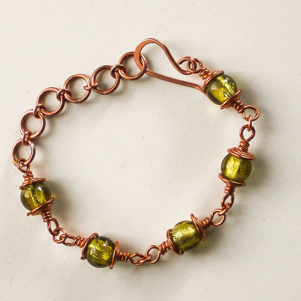 Green Glass Copper  Bracelet - Adjustable