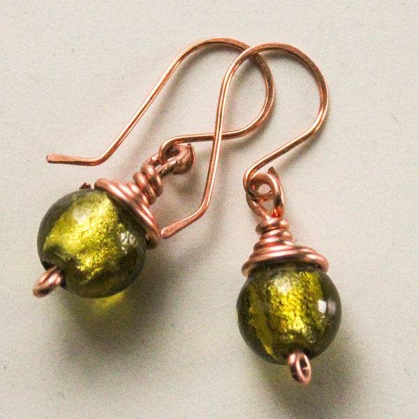 Green Glass Copper Earrings
