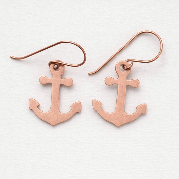 Minimalist Anchor Copper Earrings, Nautical Handmade Jewelry, Patinated, Matching Set