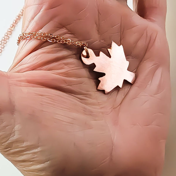 Minimalist Maple Leaf Copper Pendant Necklace, Canadian Symbol, Matching Earrings