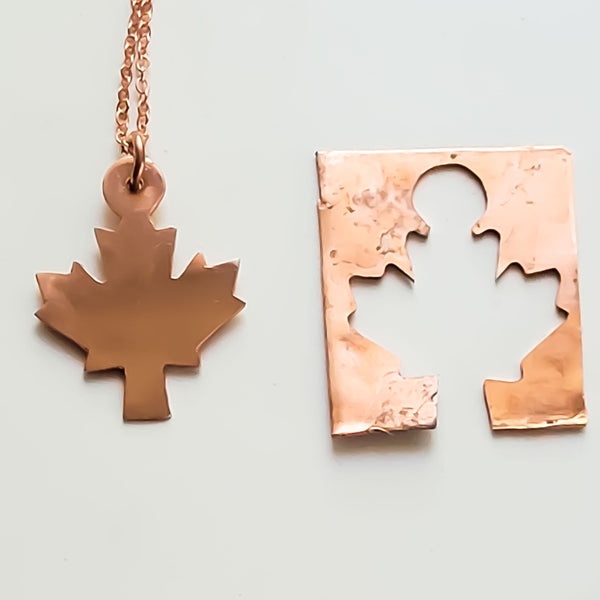 Minimalist Maple Leaf Copper Pendant Necklace, Canadian Symbol, Matching Earrings