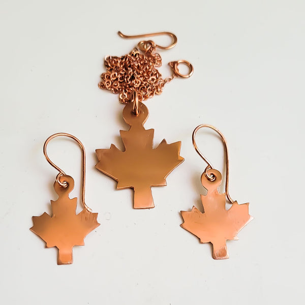 Minimalist Maple Leaf Copper Pendant Necklace, Canadian Symbol, Matching Earrings