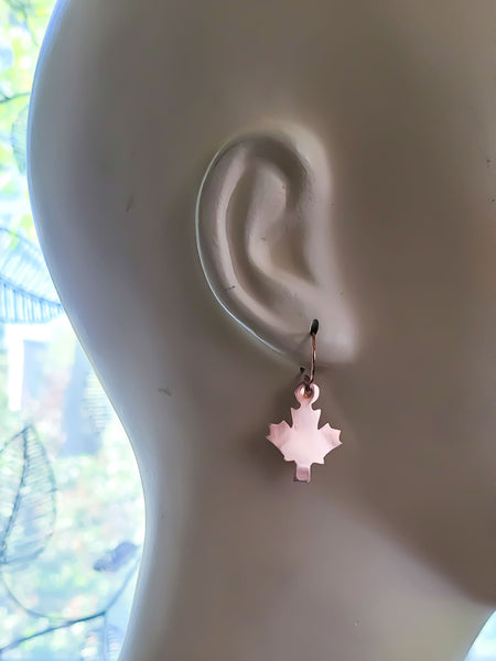 Minimalist Maple Leaf Copper Earrings, Canadian Symbol, Matching Pendant Necklace, Gift for Her